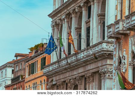 Flag Of Italy And European Union At Government Building Diplomatic