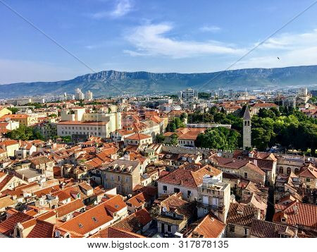 A Wide View Of The Beautiful City Of Split, Croatia From High Above Atop The Clock Tower In The Old 