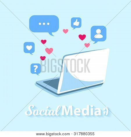 Vector Concept With Laptop, Icons And Symbols For Online Communication And Social Media