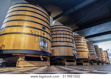 France Lyon 2019-06-21 Giant Wooden Barrels, Aging, Fermentation, Store In Modern Brocard Wine Cella