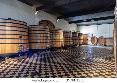 France Lyon 2019-06-21 Stack Of Wooden Barrels, Aging, Fermentation Process, Store In Modern Brocard