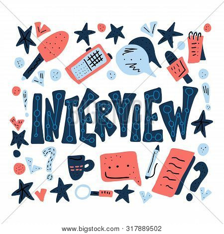 Set Of Interview Tools With Text. Interview Lettering With Decoration Design Element. Banner Templat