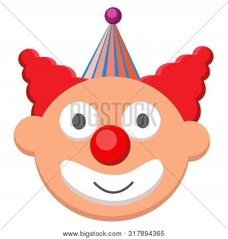 Funny, Cute, Sweet Face Clown With Curly Red Hair, Red Nose And Funny Look, Blue Cone Hat In An Oran