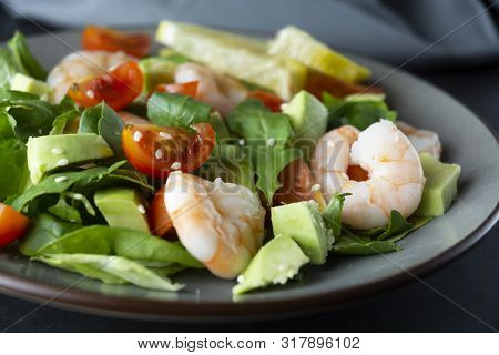Salad With Avocado, Shrimps And Cherry Tomatoes. Healthy Fresh Salad.