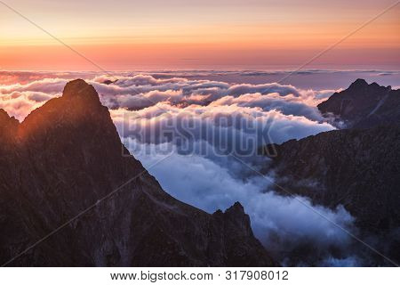 Mountains Landscape With Inversion In The Valley At Sunset As Seen From Rysy Peak In High Tatras, Sl