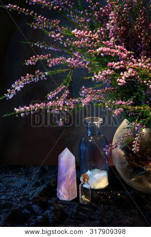 Flasks, Crystal And Heather Bouquet. Mystical Still-life.