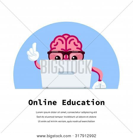 Human Brain Watching Educational Vido On Laptop. Online Education Concept. Flat Style Illustration.