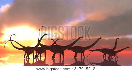 Diplodocus Dinosaur Reflection 3d Illustration - A Diplodocus Dinosaur Herd Wades Through Shallow Wa