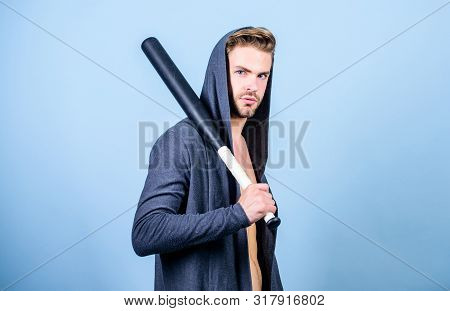 Bully Mood. Bad Boy Concept. Man Handsome Bully Guy With Baseball Bat. Sport Equipment. Strong And C