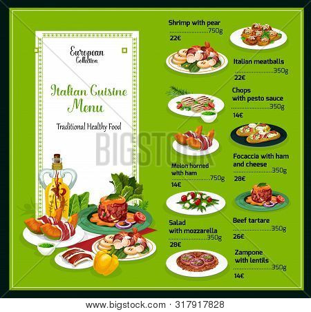 Italian Cuisine Menu, Traditional Italy Food And Dishes. Vector Dollar Price Menu For Shrimp With Pe