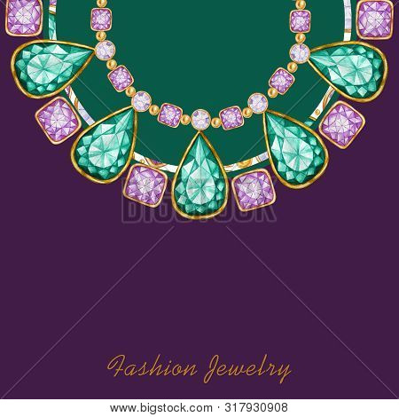 Green Emerald Drop, Purple Square And Round Crystal Gemstone With Gold Element Frame. Beautiful Jewe