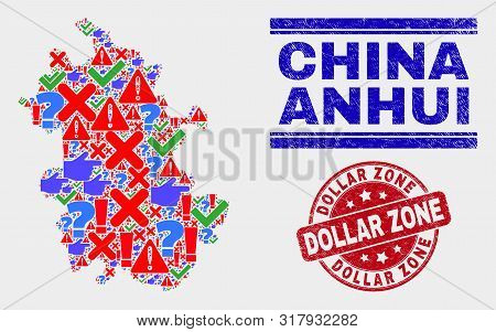 Symbol Mosaic Anhui Province Map And Seal Stamps. Red Round Dollar Zone Scratched Seal. Colorful Anh