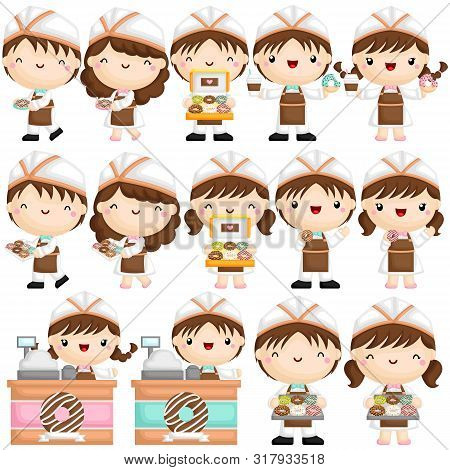 A Vector Of Cute Little Boy And Girl Selling And Serving Donut In Various Poses