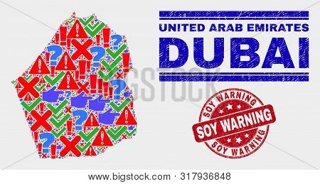 Symbol Mosaic Dubai Emirate Map And Seal Stamps. Red Rounded Soy Warning Distress Seal. Colored Duba