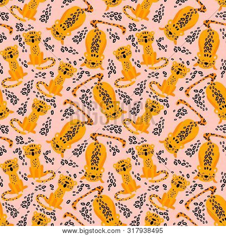 Seamless Pattern With Cute Leopards And Spots. Cartoon Animals Isolated On Pink Background. Flat Vec