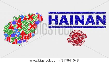 Symbol Mosaic Hainan Map And Seals. Red Round Free Space For Ads Scratched Watermark. Colorful Haina