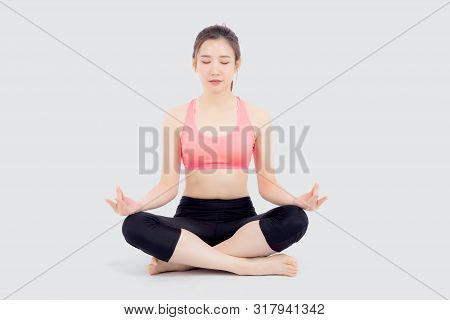 Beautiful Portrait Young Asian Woman Sitting Yoga, Asia Girl Health Care With Workout Fitness Relaxi