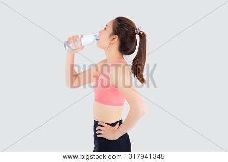 Beautiful Young Asian Woman Fit Shape Drinking Water After Workout And Exercise Isolated On White Ba