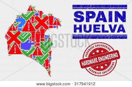 Symbolic Mosaic Huelva Province Map And Stamps. Red Rounded Hardware Engineering Scratched Seal Stam