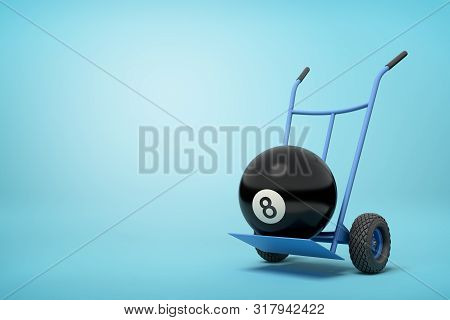 3d Close-up Rendering Of Black Bowling Ball On Blue Hand Truck On Light-blue Background.