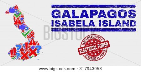 Symbol Mosaic Isabela Island Of Galapagos Map And Seal Stamps. Red Rounded Electrical Power Distress