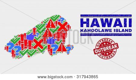 Symbol Mosaic Kahoolawe Island Map And Seal Stamps. Red Rounded Outbreak Scratched Stamp. Bright Kah