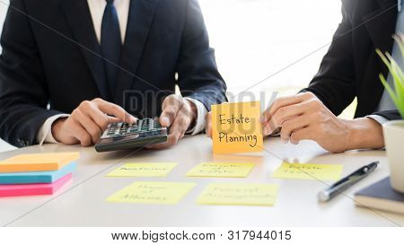 Wealth Management Concept, Business Man And Team Analyzing Financial Statement For Planning Financia