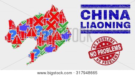 Symbolic Mosaic Liaoning Province Map And Seal Stamps. Red Round No Problems Textured Seal. Colored 