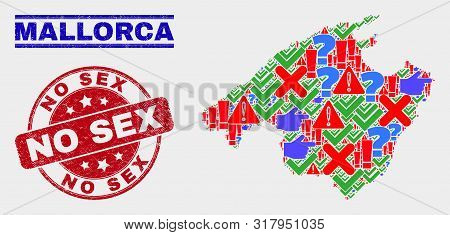Symbolic Mosaic Mallorca Map And Seals. Red Rounded No Sex Scratched Seal Stamp. Colorful Mallorca M