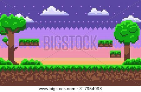 Landscape Page Of Pixel Game, Green Trees And Bushes, Cloudy Sky, Underground And Grass, Road With S