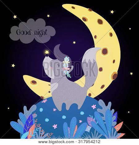 Cute Wolf Howling At Moon. Funny Baby Wolfling In Flower Wreath With Glowing Star On Nose Stand On F