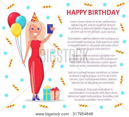 Woman In Red Drees Celebrating Birthday Party Vector. Lady Wearing Celebration Cap Made Of Paper, Ta