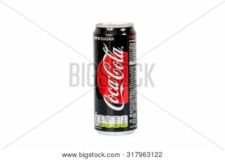 Riga, Latvia - August 19 ,2019 : 330ml Zero Sugar Coca Cola Isolated On White Background