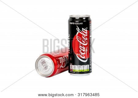 Riga, Latvia - August 19 ,2019 : 330ml Coca Cola With Sugar And Zero Sugar Isolated On White Backgro