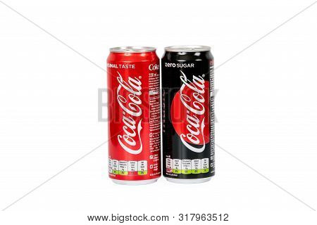 Riga, Latvia - August 19 ,2019 : 330ml Coca Cola With Sugar And Zero Sugar Isolated On White Backgro