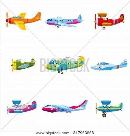 Set Of Airplanes Aircraft Different Colour. Retro, Personal, Cargo, Speed, Biplane, Monoplane. Vecto
