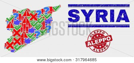 Sign Mosaic Syria Map And Seal Stamps. Red Rounded Aleppo Scratched Seal. Colored Syria Map Mosaic O