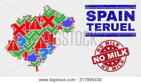 Symbolic Mosaic Teruel Province Map And Seals. Red Round No Milk Grunge Seal Stamp. Colorful Teruel 