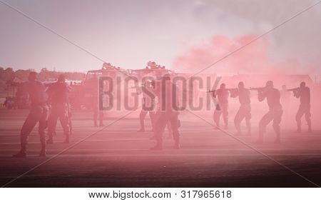 Practice Special Forces Soldiers In Action. The Military Forces Are Shooting Enemies. Soldier Use Sp