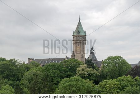 View With Clock Tower Of The Museum Of The Central Bank Of Luxembourg.