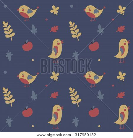Seamless Cute Animal Autumn Pattern Made With Bird, Flower, Plant, Leaf, Cherry