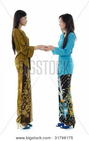 흰색 배경에 kebaya 인사와 함께 말레이 소녀의 초상화