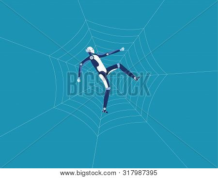 Robot And Spider Web. Concept Business Technology Vector Illustration. Flat Design Style.