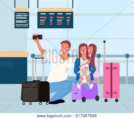 Parents With Daughter In Airport, Father Holding Phone And Taking Selfie. People With Luggage In Ter