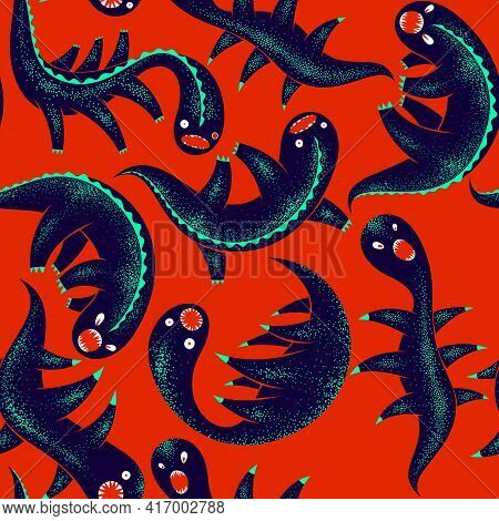 Scary Horror Monsters Seamless Vector Textile Pattern, Beasts Creatures Endless Wallpaper, Stylish B