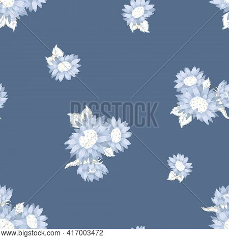 Vector Monochromatic Blue Sunflower Bouquets Seamless Pattern Background. Perfect For Fabric, Scrapb
