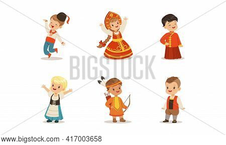 Cute Kids In National Costumes Of Different Countries Set, Boys And Girls Wearing Russian, Danish, A