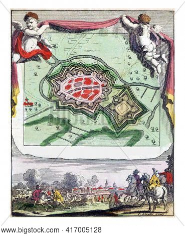 Map of Zoutleeuw, vintage engraving.