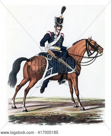 Dragoon, on horseback, vintage engraving.