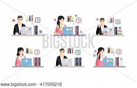 Office Workplace With Mal And Female Employees Set, Business People Characters Working Day Cartoon V